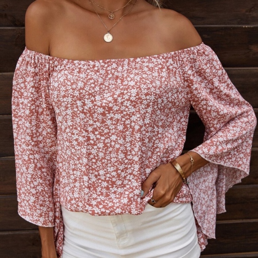 Bohemian Pink Floral Print Off Shoulder Ruffle Top - Picture 4 of 7